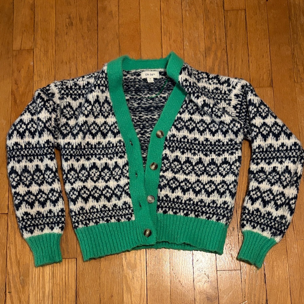Fair Isle Navy & White Cardigan with Green Trim - Women's